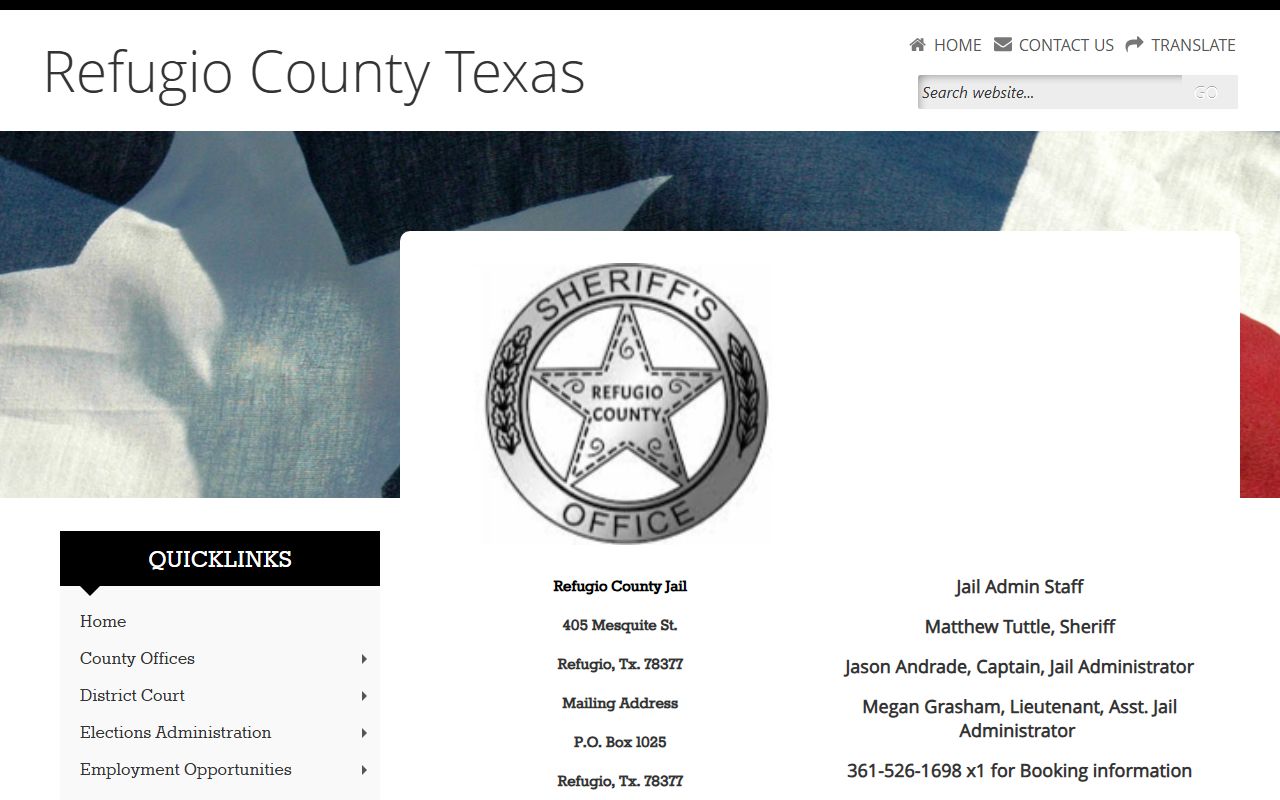 Official Refugio County Jail page showing jail address, staff names, and booking phone extension