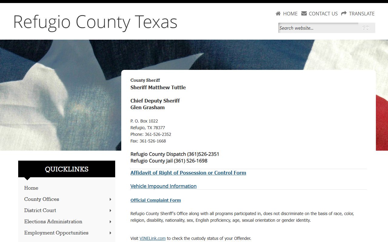 Refugio County inmate custody sheriff page and VINELink source